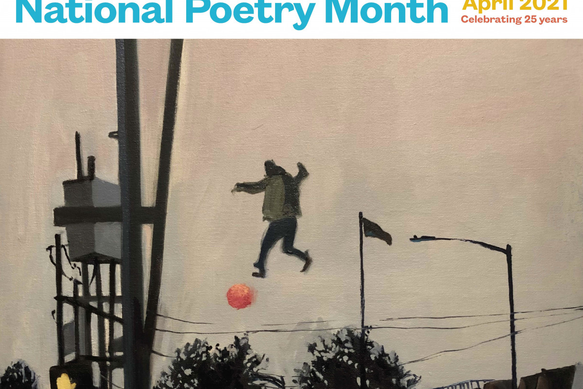 Headline: National Poetry Month Image: A person floating above the ground with a ball in a residential area