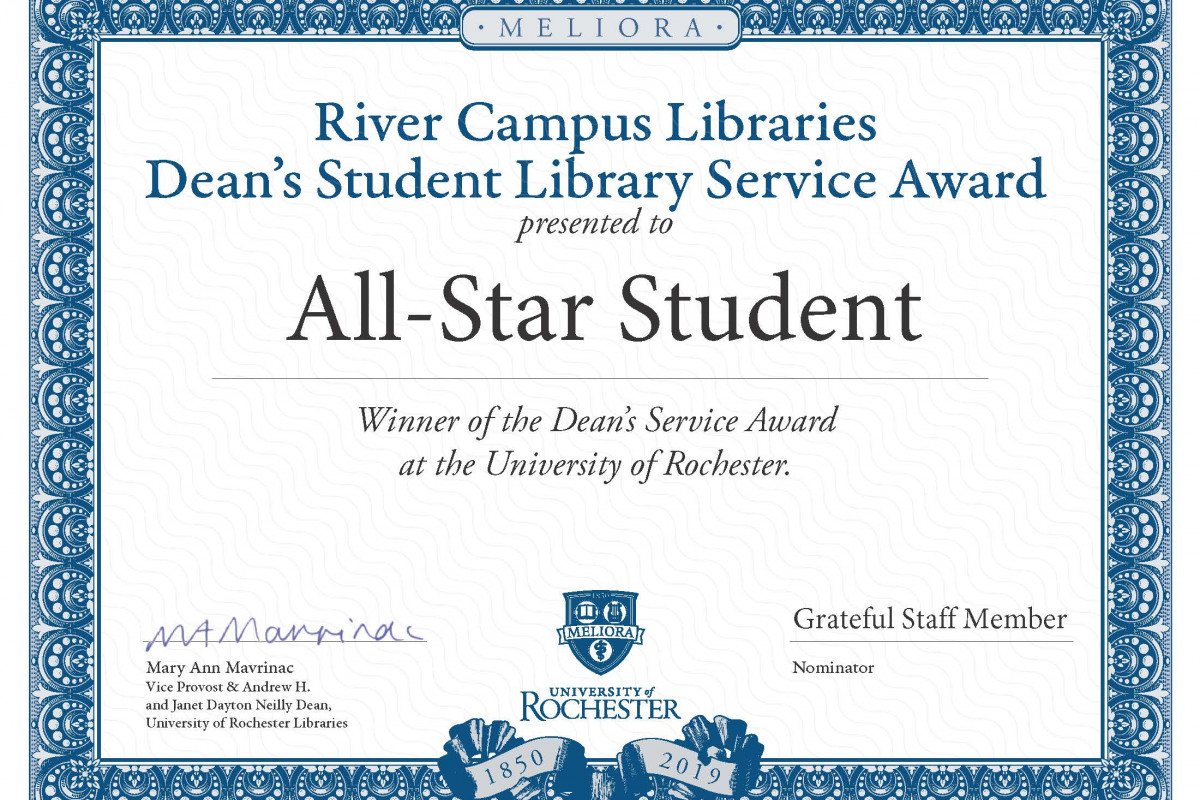 A certificate for Dean's Student Library Service Award winner made out to "All-Star Student"