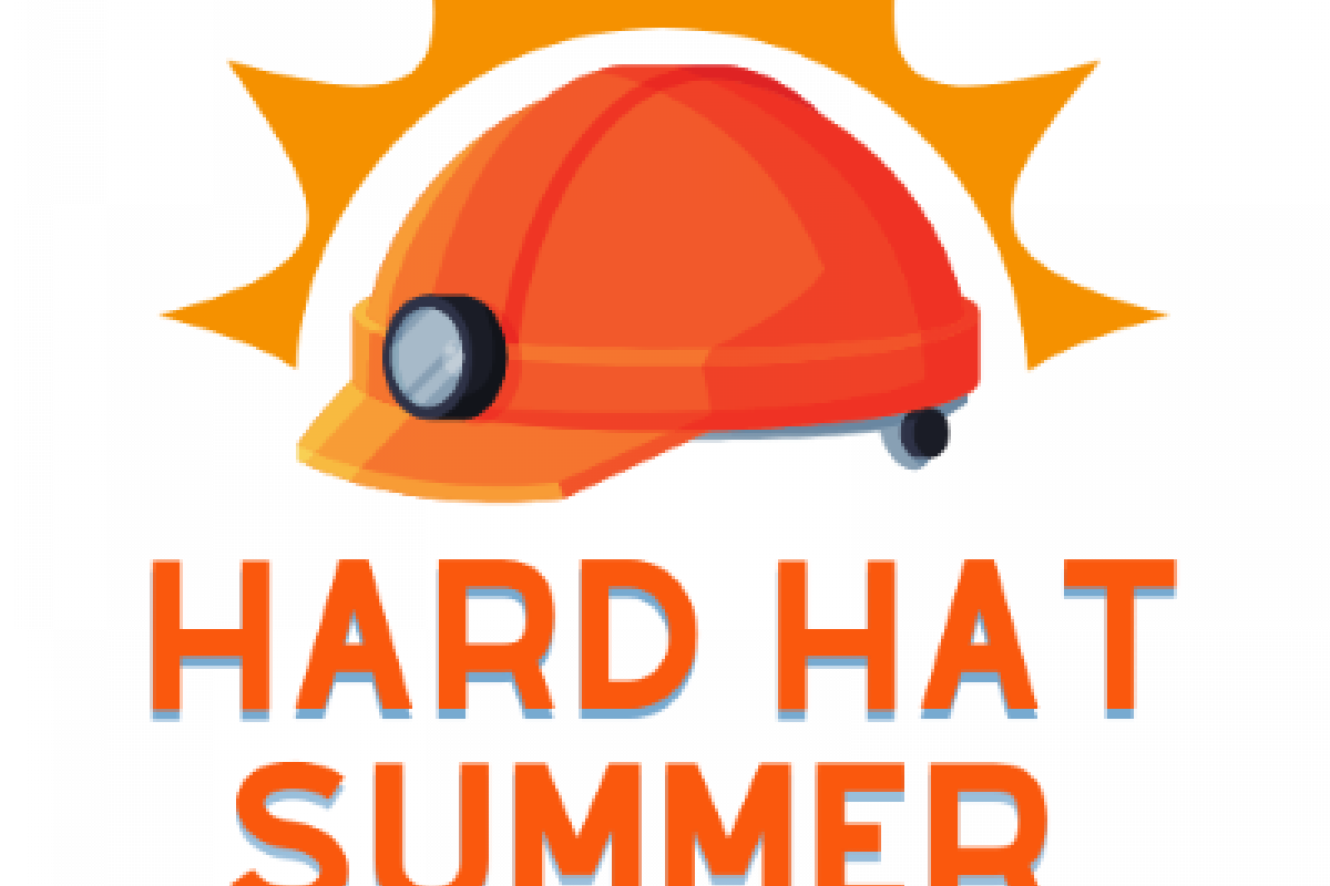 An orange hard hat with a headlamp on top of "Hard Hat Summer"