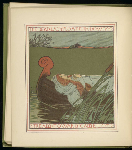 Illustration of the Lady of Shalott lying in a boat floating down a stream