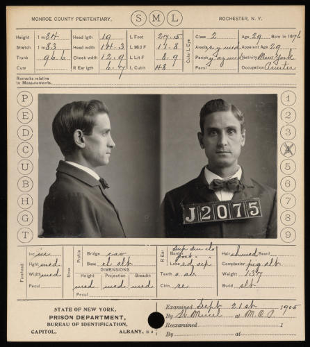 Image of an identification card with data about the physical characteristics of the person accompanied by front and side mug shots.
