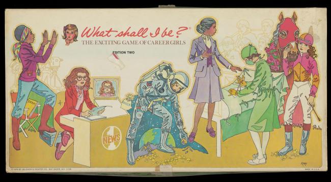 Old board game cover showing a woman broadcaster, surgeon, teacher, astronaut, jockey, and theater director