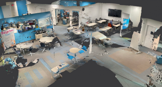 A screen capture of a 3D model of Studio X created with a LiDAR scanner