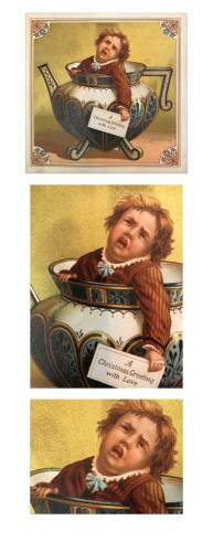 trade card of distressed child in teapot 