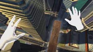 Person in VR with virtual hands on a plank over a city. 