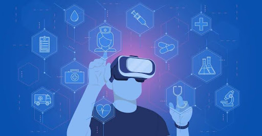 illustration of a person in virtual reality interacting with digital content that is STEM/healthcare oriented. 