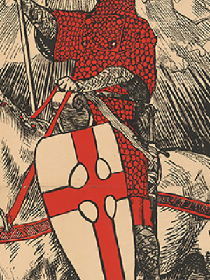 Drawing of a red knight on a horse with a red and white shield 