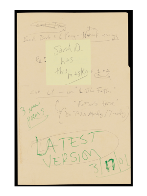 Front cover and notes from 3.17.2001 manuscript of Li-Young Lee's Book of My Nights