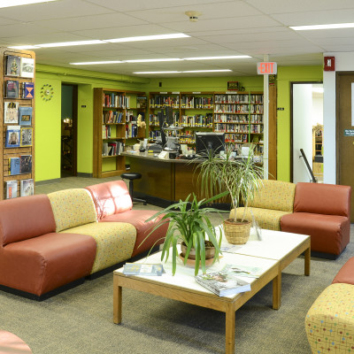 View of Art & Music Library looking towards the entrance and front desk