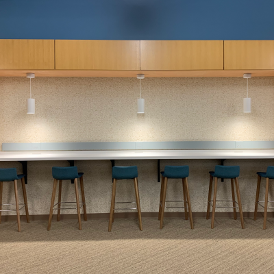Photo of high counter top seating in Gleason library