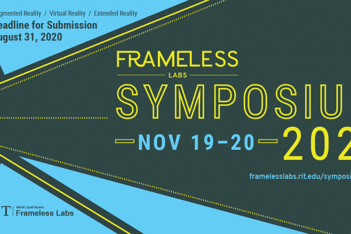 Decorative poster with blue background and dark grey and bright yellow geometric-shaped accents and dark grey, blue, and yellow font giving the date, time of event described here: http://framelesslabs.rit.edu/symposium-2020/	