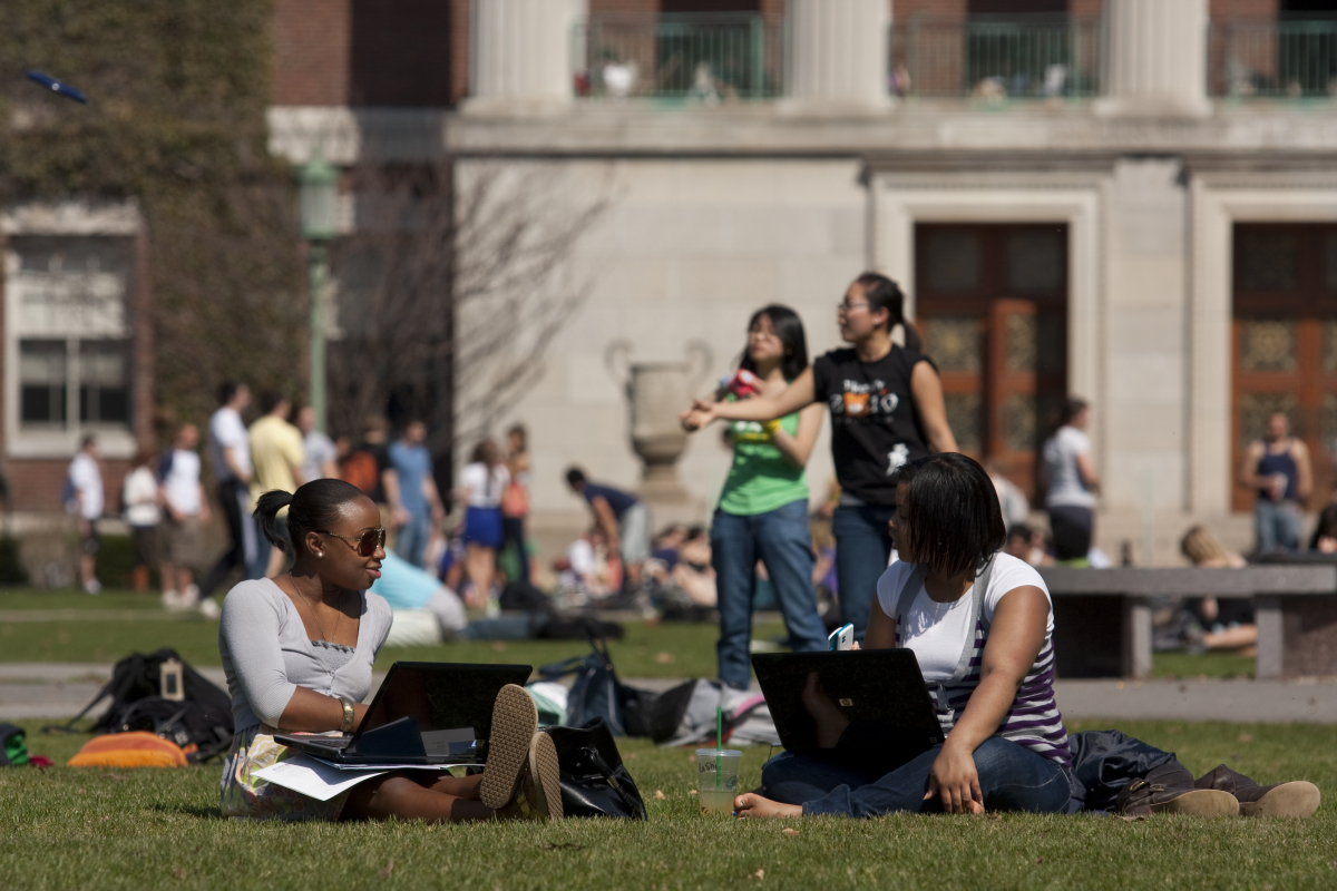 Students on the Eastman quad during Spring