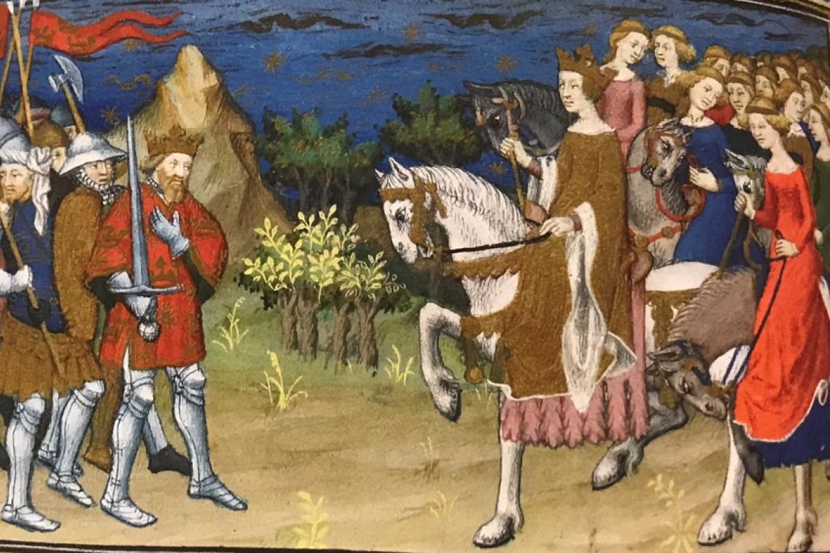 Alexander and his armies on the left meet the Amazons on the right. The women are on horseback.