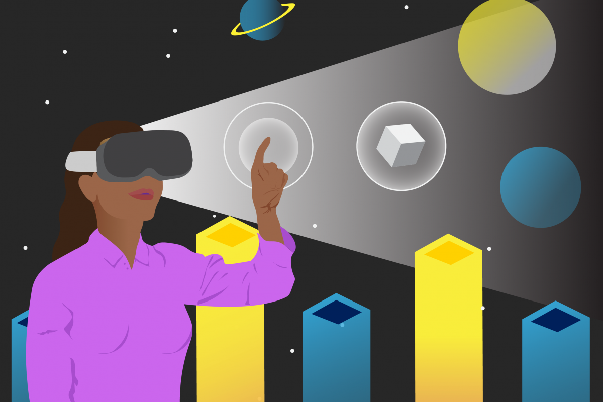 An illustration of a woman wearing 3D goggles trying to interact with what she's seeing