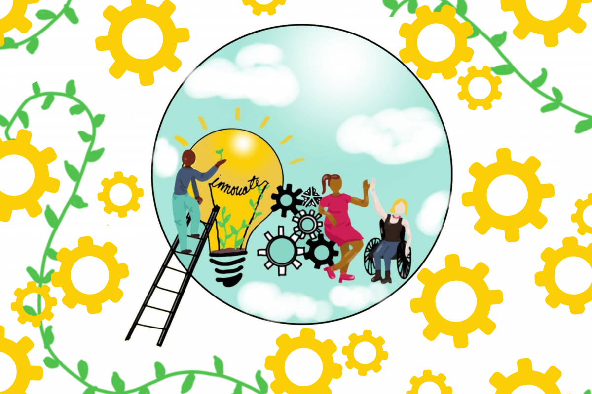 A graphic that features an assortment of yellow gear and a person on a ladder next to a large light bulb