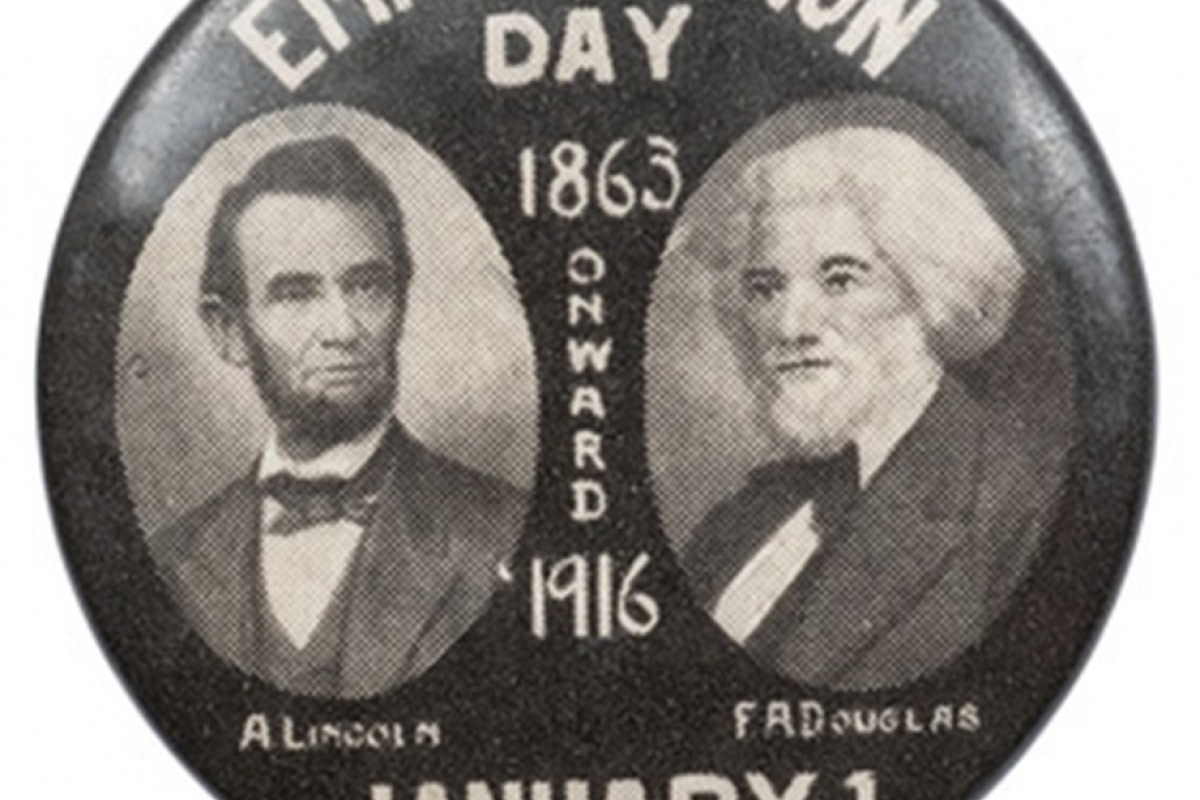 Commemorative pin for Emancipation Day January 1 with images of Frederick Douglass Abraham Lincoln