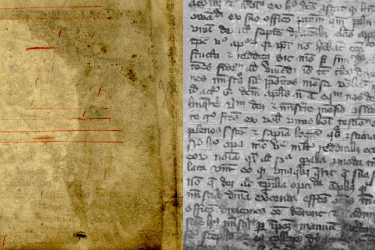 Mostly erased and heavily damaged medieval manuscript on the left, and a black and white image of the same manuscript, with visible text, on the right.