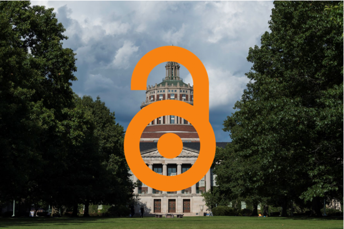 A graphic of an unlocked orange combination lock over the top of a view of Rush Rhees Library from the Eastman Quad