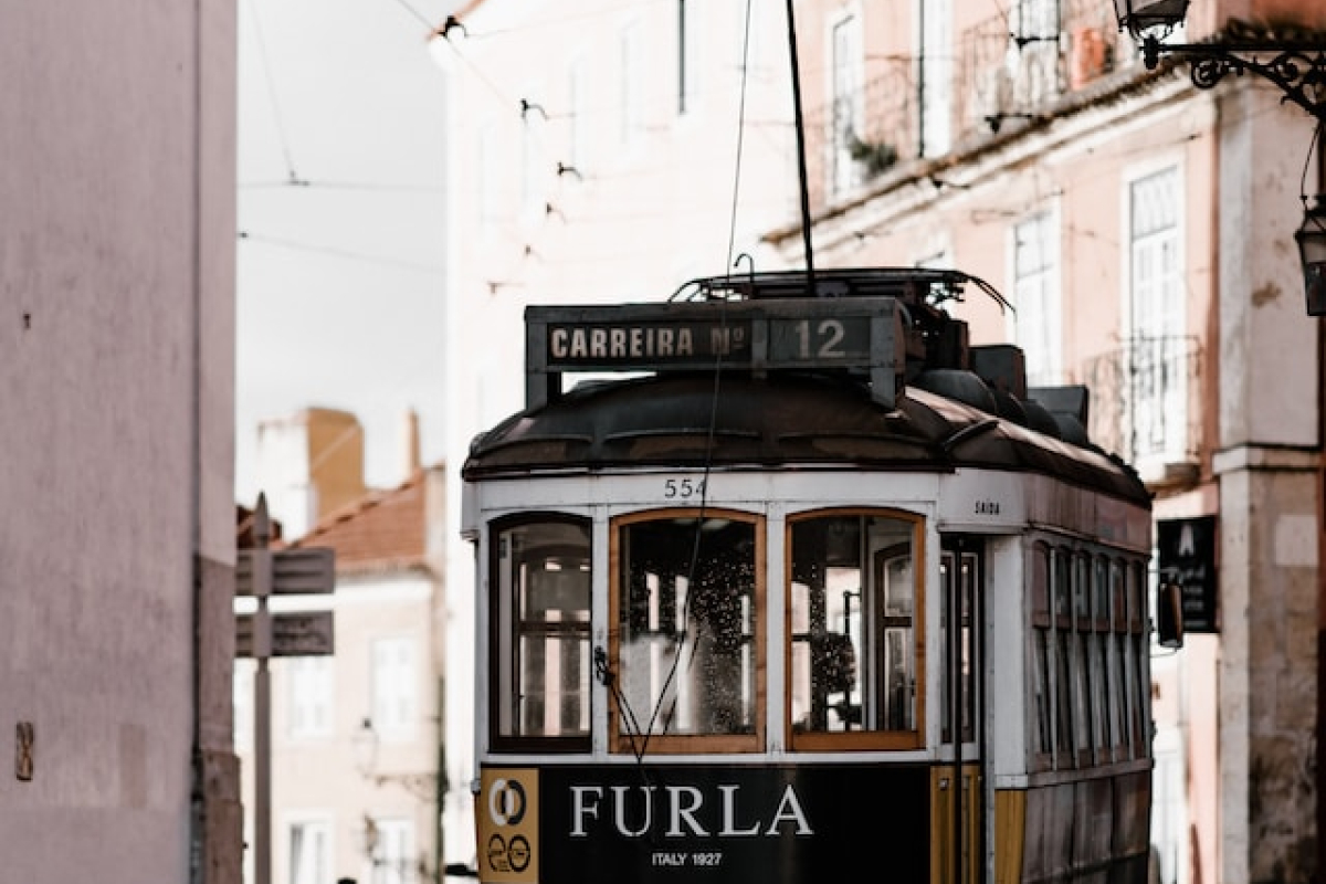 trolley on a city street.