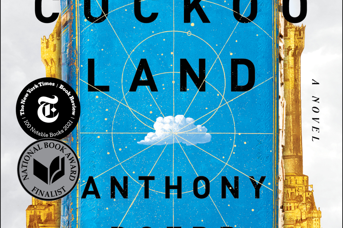 Cloud Cuckoo Land in black letters overa blue book with a map, stars, and clouds