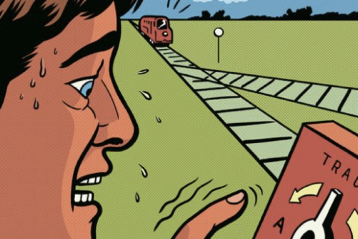 illustration of the trolley problem done in the style of roy lichtenstein.