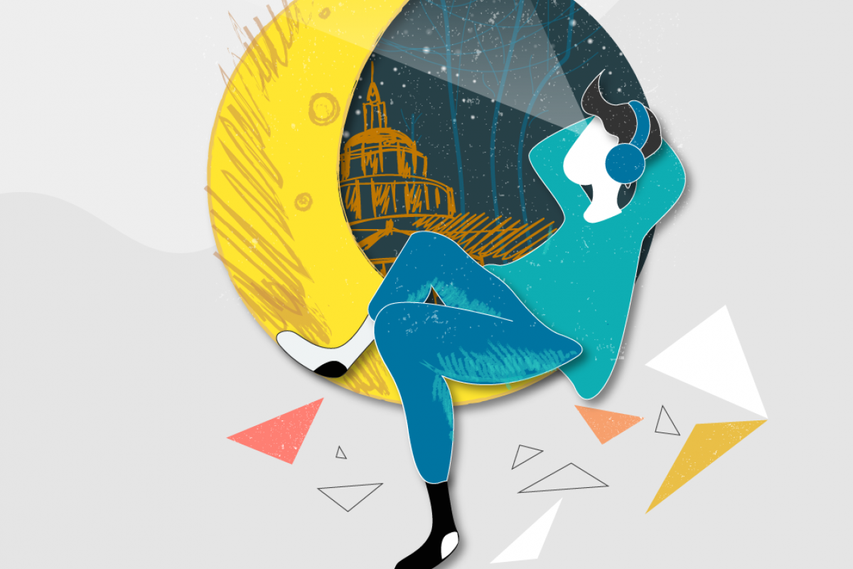 Illustration of a student laying back facing a crescent moon with Rush Rhees Library in the background