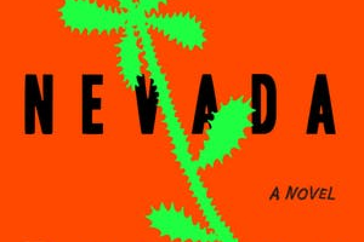 Orange-red book cover with Nevada in black ink in the middle and Imogen Binnie in pink ink at the top and bottom. A bright green spiky plant is in the middle of the cover.
