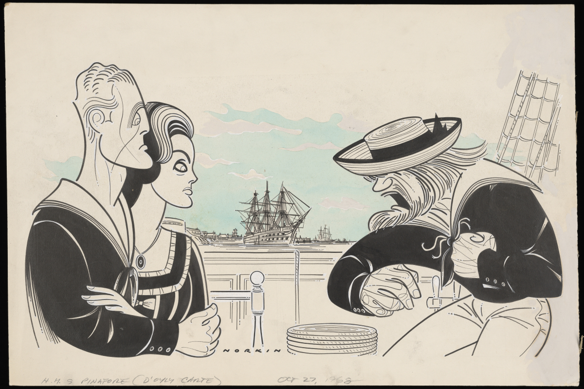 An illustration of two sailors in a dramatic conversation with each other. A ship sits in a harbor in the distance ship is 