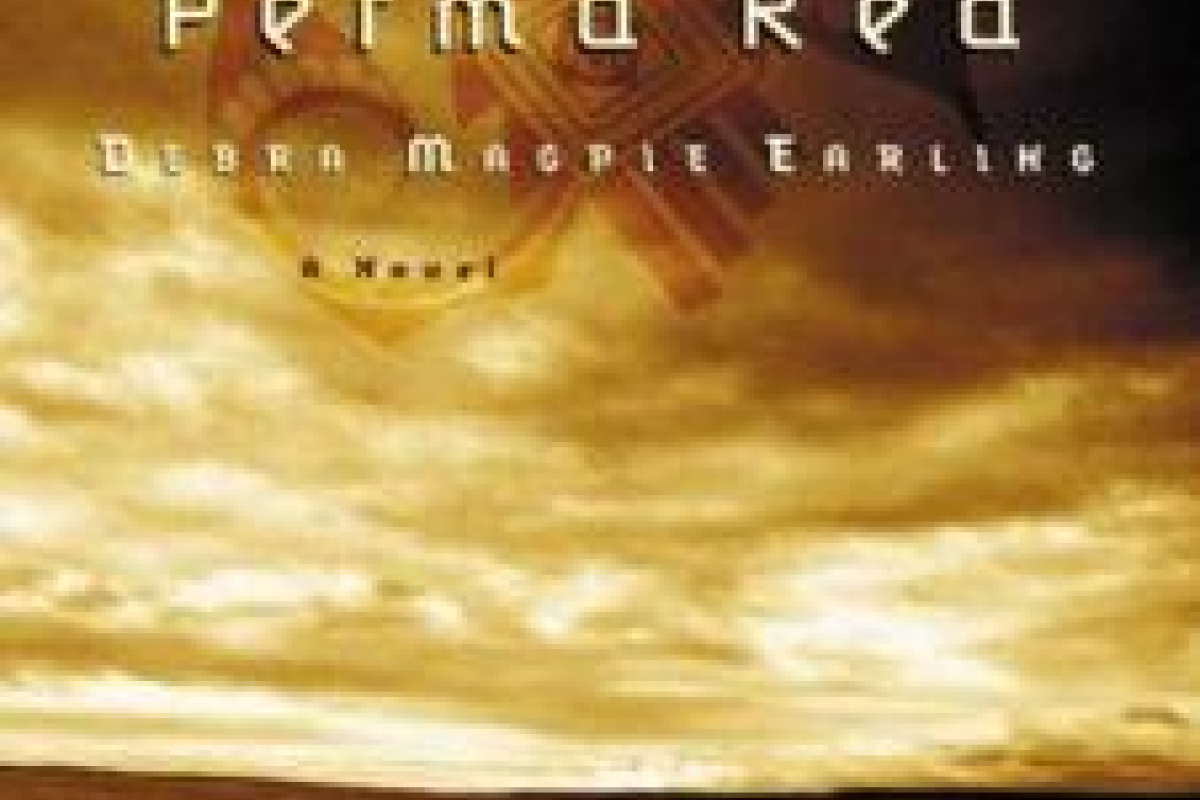 Book cover with Perma Red in white on a sepia background. In the foreground, a woman walks across a field, away from a crashed and burned car. A massive sky with clouds is overhead.