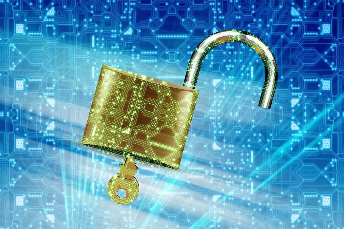 An unlocked gold padlock in a digital setting
