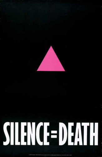 "Silence = Death" written in white in an otherwise black space, except for a pink triangle
