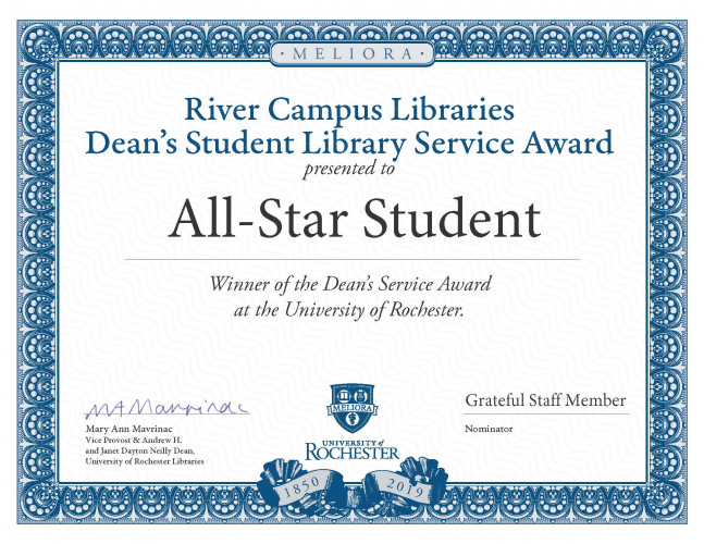 A certificate for Dean's Student Library Service Award winner made out to "All-Star Student"