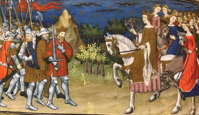 Alexander and his armies on the left meet the Amazons on the right. The women are on horseback.