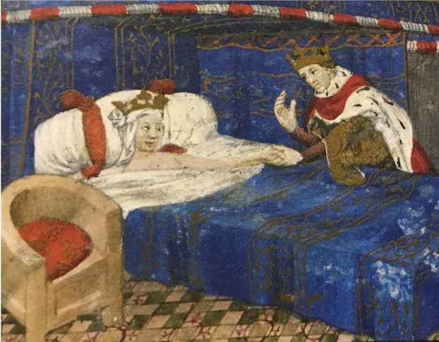 Queen Olympias lies in a four poster bed with blue curtains and blankets. She is not wearing clothes, but she is wearing her veil and crown. A man with a crown stands next to her and holds her hand.