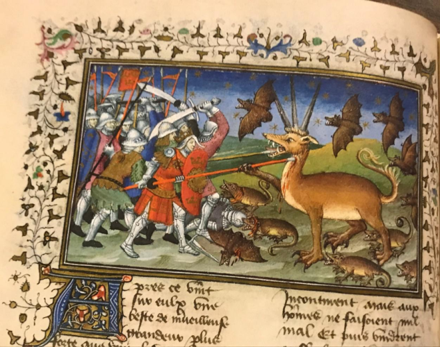 An army of men with swords and banners are on the left. To the right is a large mythical animal that resembles a lion, but with fur and three large horns. Bats fly around the animal, and small creatures with sharp teeth surround the animal on the ground. One man pierces the animal's neck with a spear.