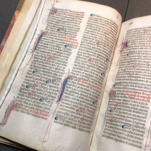 An open medical manuscript that's highlighted in several places with blue and red ink by the original author
