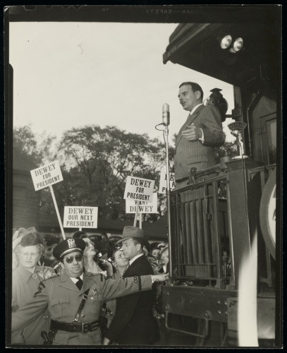Dewey on platform of campaign train