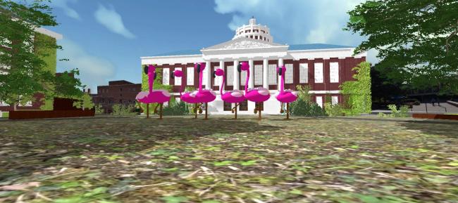 screenshot of a Unity project featuring a 3D-modeled Rush Rhees library in the background with a herd of flamingos in the foreground	