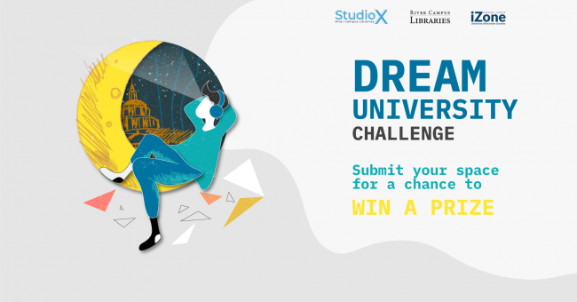 <img src="https://studiox.lib.rochester.edu/wp-content/uploads/2020/09/DreamUniversityChallenge.png" alt="promotional banner for the Dream University Challenge. There is a design on the left of a person reclining on a half moon and looking into the sky. The person is wearing headphones, and there is a sketch of Rush Rhees Library in the background. On the right at the top are the Studio X, River Campus Libraries, and iZone wordmarks. Underneath is the text, &quot;Dream University Challenge. Submit your spac
