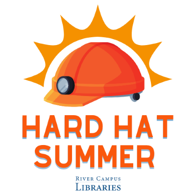 An orange hard hat with a headlamp on top of "Hard Hat Summer"