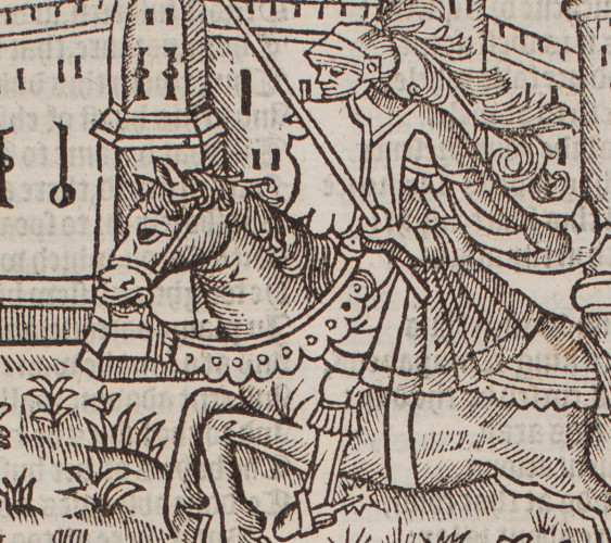 detail of engraving of a knight on horseback