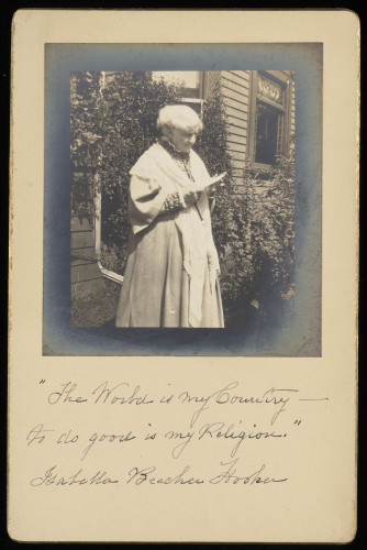 Isabella Beecher Hooker in her yard with handwritten inscription under her image