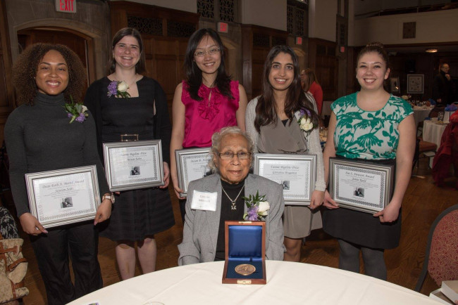 Connie Mitchell, student Seyvion Scott and 4 others at 2017 Susan B. Anthony Legacy Award ceremony.jpg