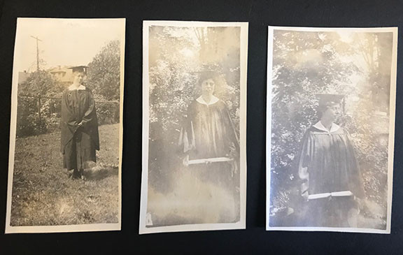 3 scrapbook photos of Virginia Moscrip in commencement regalia