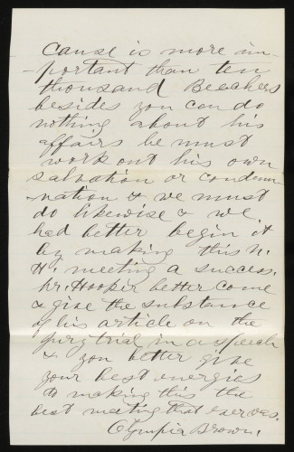 handwriten letter by Olympia Brown to Isabella Beecher Hooker