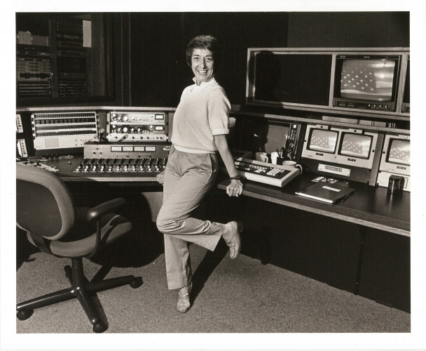 Midge Costanza at control board of television studio