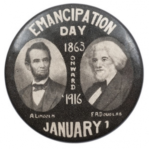 Commemorative pin for Emancipation Day January 1 with images of Frederick Douglass Abraham Lincoln