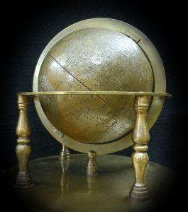 Hunt-Lenox Globe in a small stand that obscures some of its surface, as it appears normally in the New York Public Library
