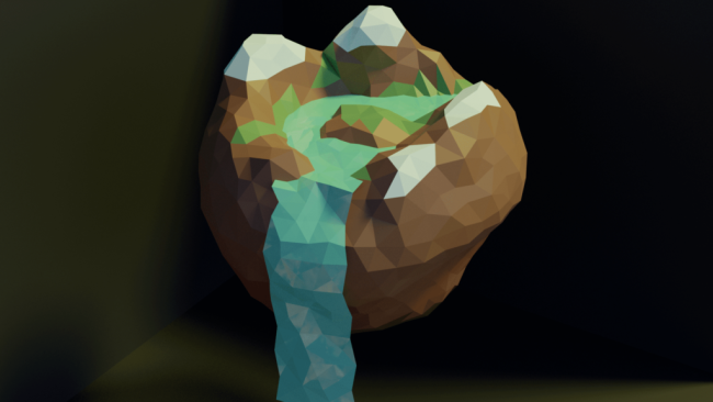 low poly 3D modeled island with a waterfall.