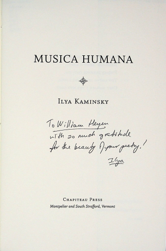 Kaminsky’s signature and note to fellow poet Heyen reads “To William Heyen, with so much gratitude for the beauty of your poetry!” 